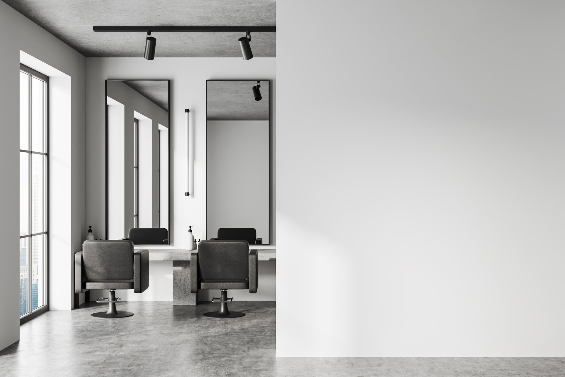 A minimal salon interior with two styling chairs and mirrors