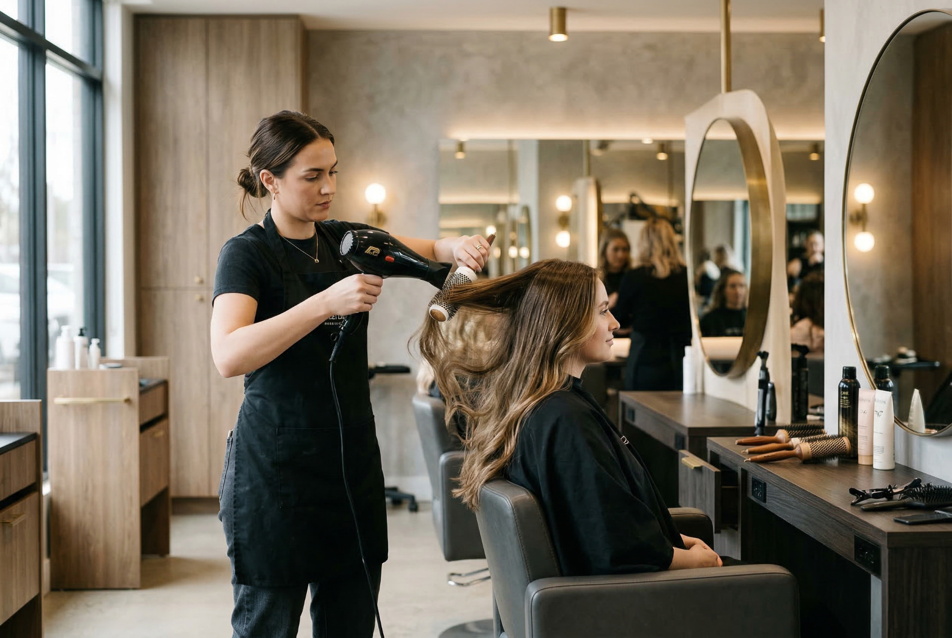 A stylist blow-drying a client's hair in a private salon suite