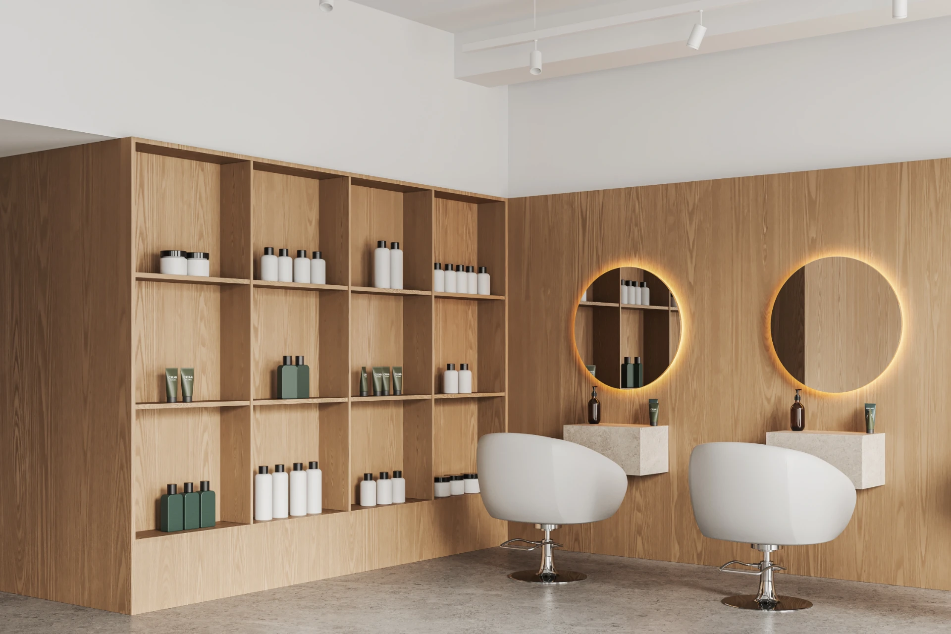 A double salon suite with two styling chairs and illuminated mirrors